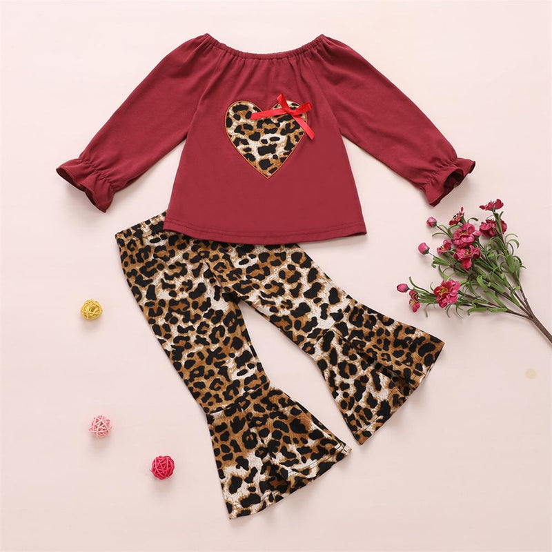 Girls Leopard Heart Solid Tops & Flares Pants Wholesale Daddys Girl Baby Outfit - PrettyKid