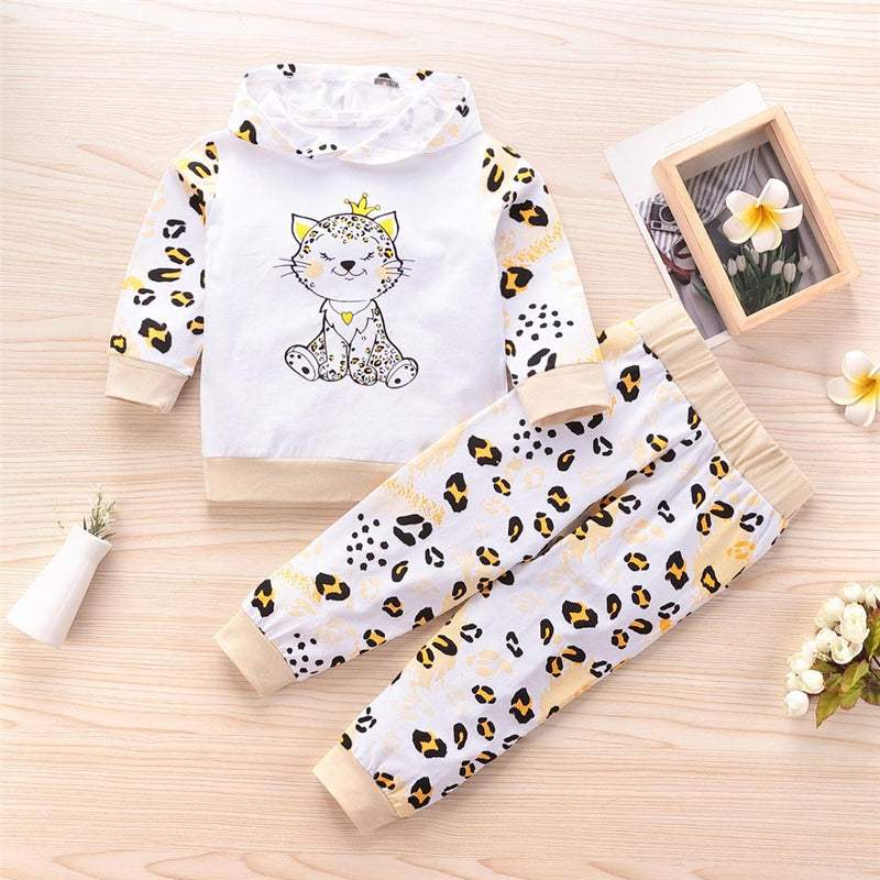 Girls Leopard Kitty Printed Hooded Tops & Bottoms Kids Fashion Wholesale - PrettyKid