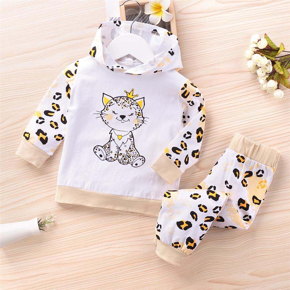 Girls Leopard Kitty Printed Hooded Tops & Bottoms Kids Fashion Wholesale - PrettyKid