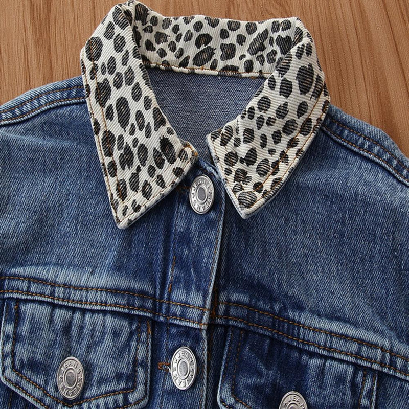 Girls Leopard Lapel Long Sleeve Denim Jackets Wholesale - PrettyKid