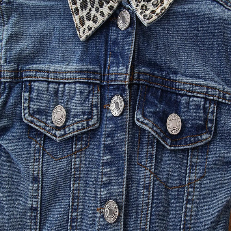 Girls Leopard Lapel Long Sleeve Denim Jackets Wholesale - PrettyKid