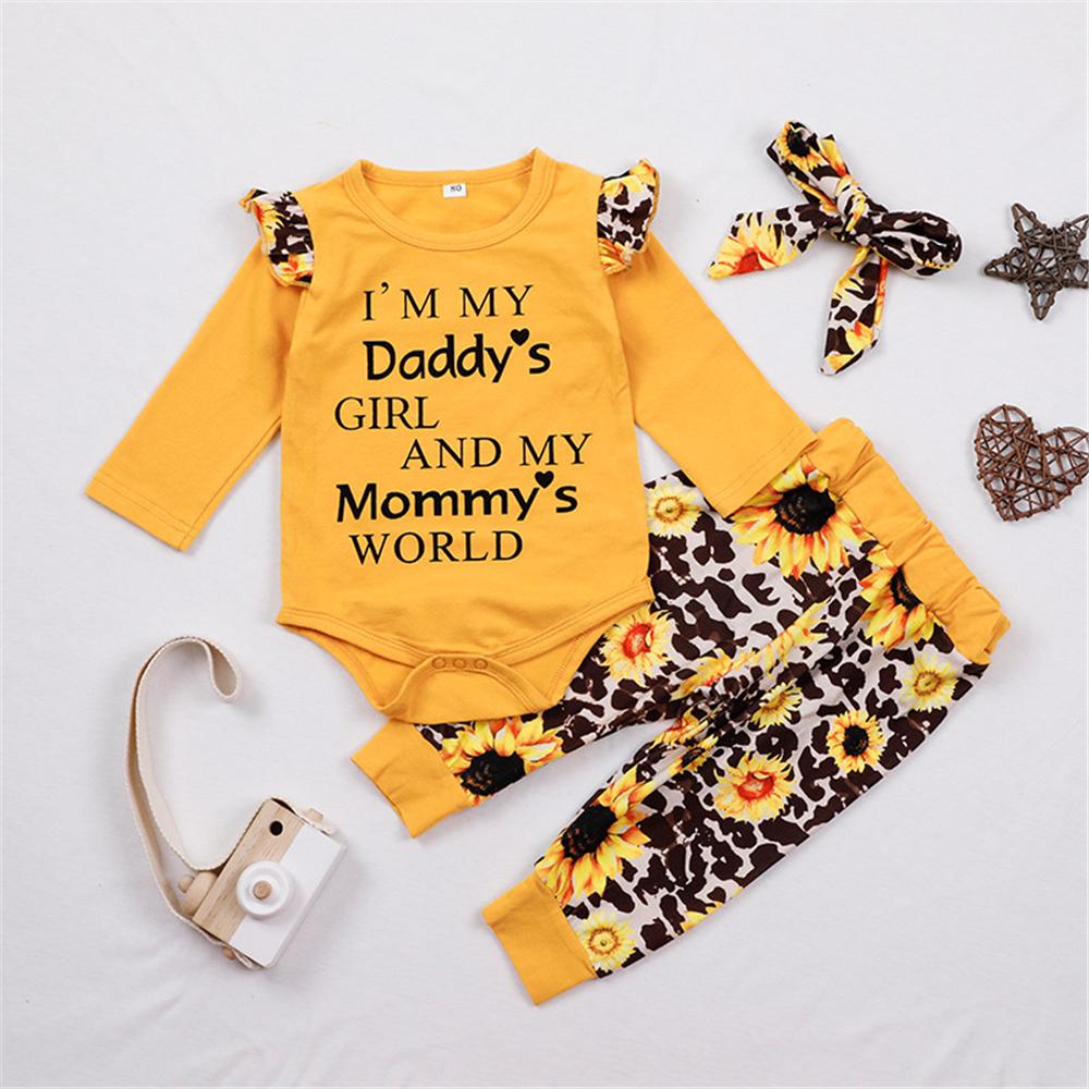 Baby Girls Leopard Letter Floral Romper & Pants & Headband Wholesale - PrettyKid