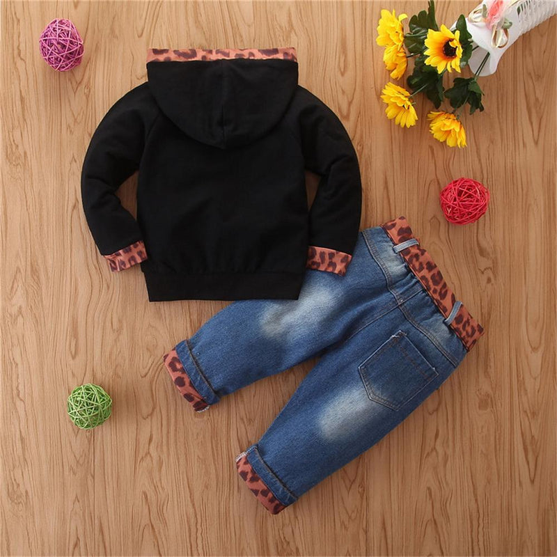 Unisex Leopard Letter Hooded Long Sleeve & Ripped Jeans Bulk Kids Clothing - PrettyKid