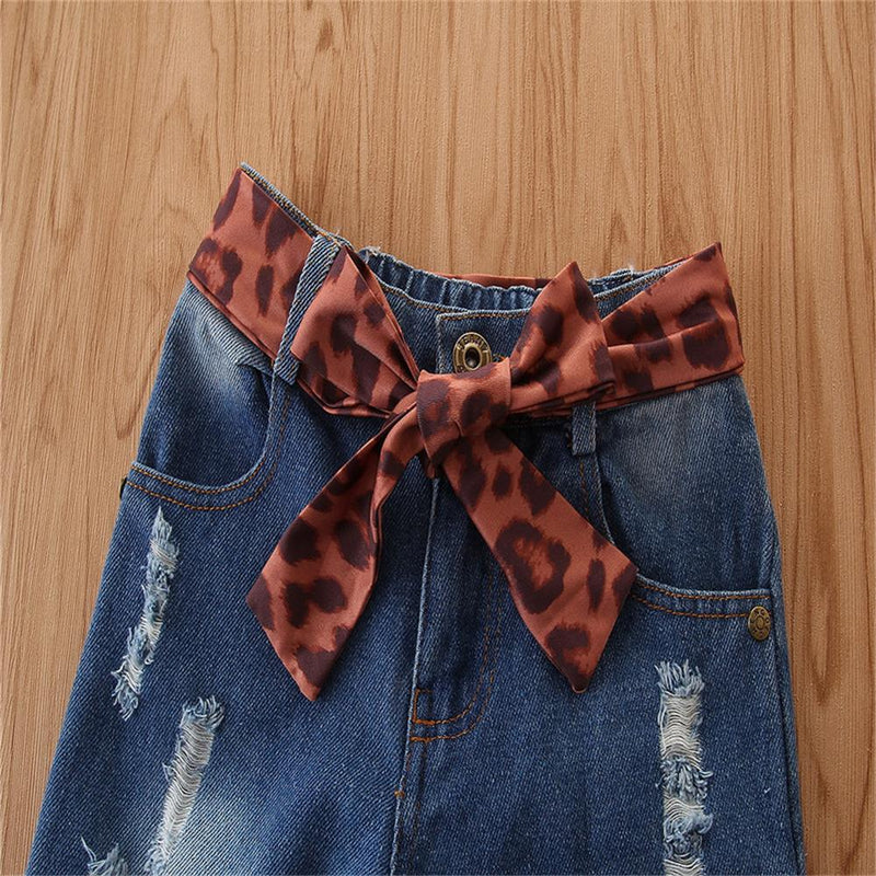 Unisex Leopard Letter Hooded Long Sleeve & Ripped Jeans Bulk Kids Clothing - PrettyKid