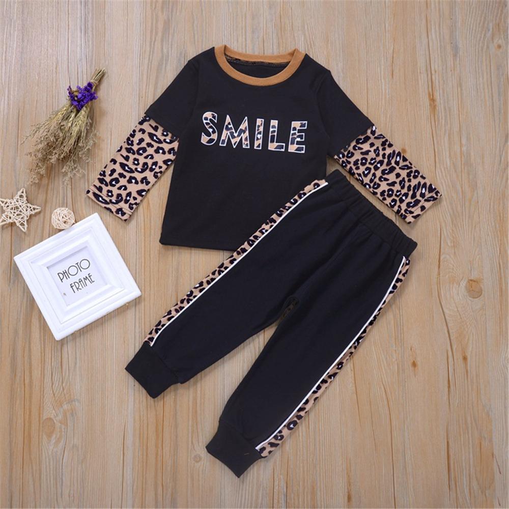 Toddler Girls Leopard Letter Printed Long Sleeve Top & Pants Wholesale - PrettyKid