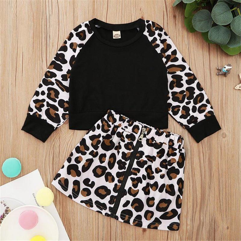 Girls Leopard Long Sleeve Casual T-shirt & Zipper Skirt Girls Clothes Wholesale - PrettyKid