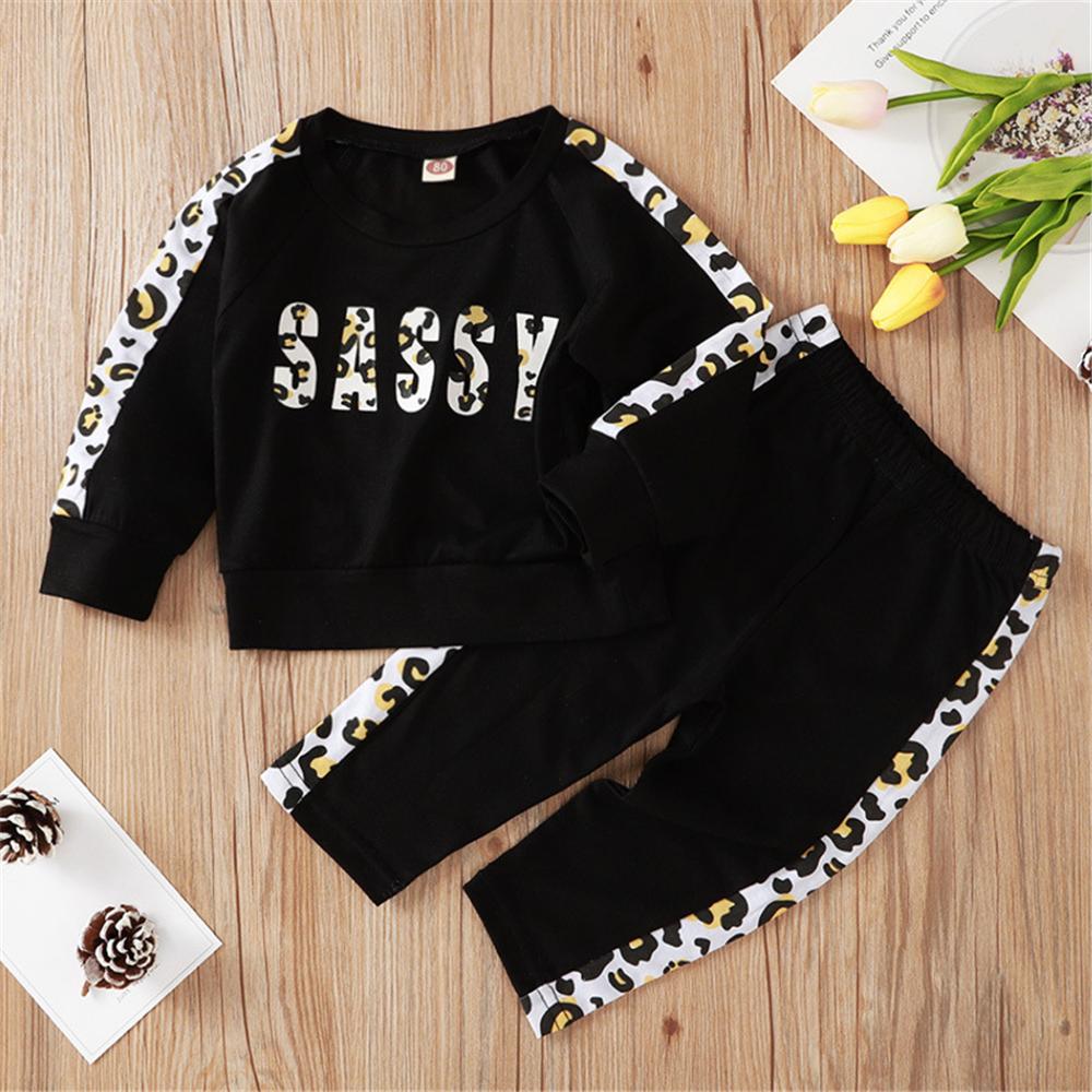 Baby Girls Leopard Long Sleeve Letter T-shirt & Pants Baby Girl Wholesale - PrettyKid