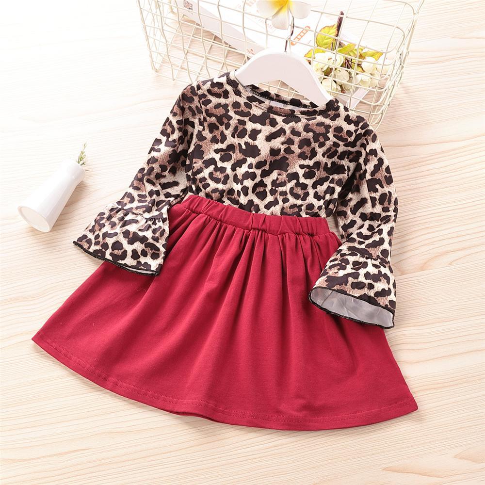 Girls Leopard Long Sleeve Splicing Pleated Dress Girls Wholesale Dresses - PrettyKid