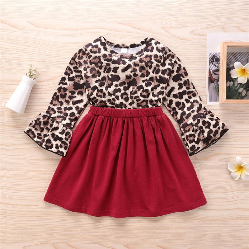 Girls Leopard Long Sleeve Splicing Pleated Dress Girls Wholesale Dresses - PrettyKid