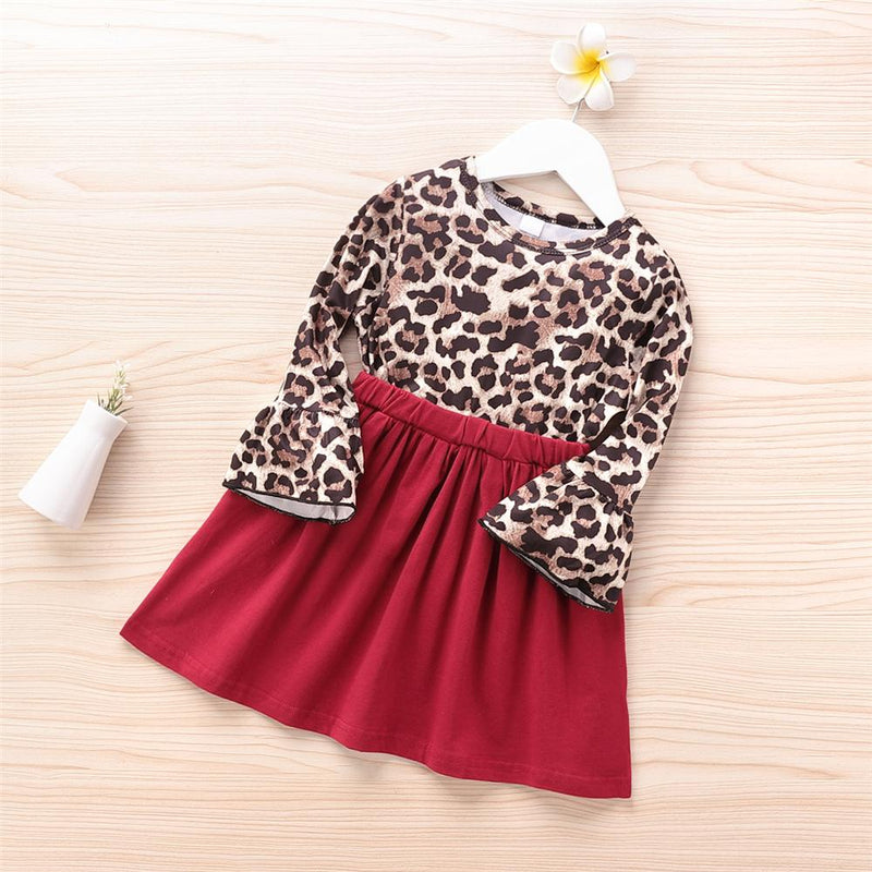 Girls Leopard Long Sleeve Splicing Pleated Dress Girls Wholesale Dresses - PrettyKid