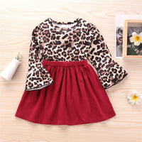 Girls Leopard Long Sleeve Splicing Pleated Dress Girls Wholesale Dresses - PrettyKid