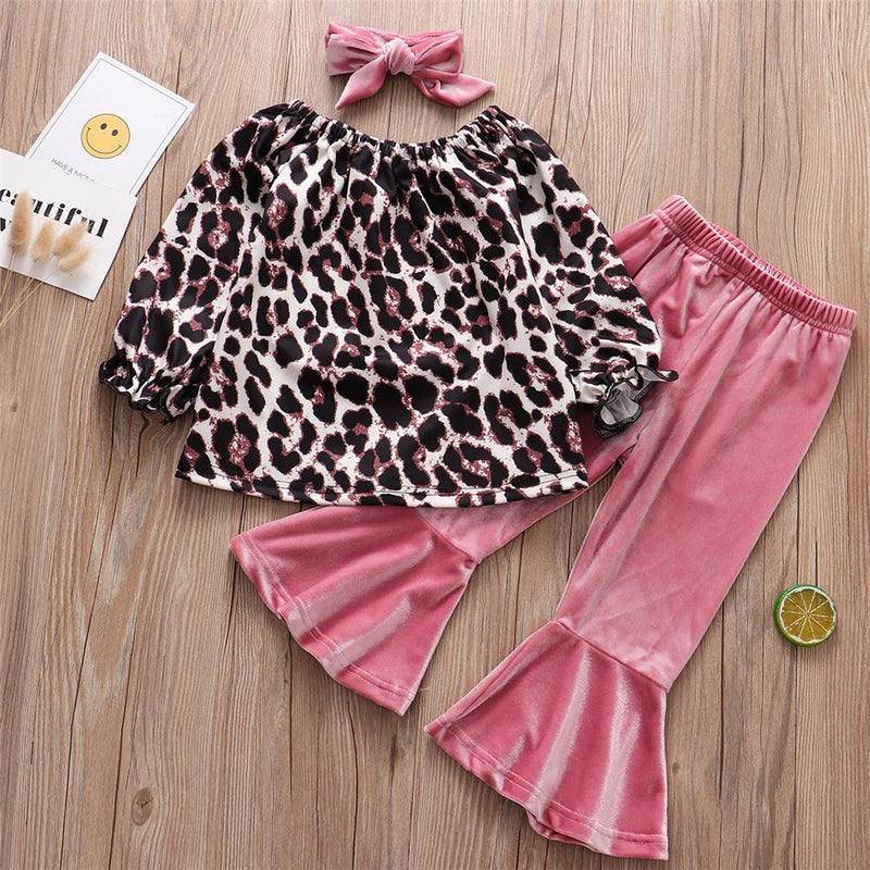 Girls Leopard Long Sleeve Top & Flared Pants & Headband Wholesale Girls Clothing - PrettyKid