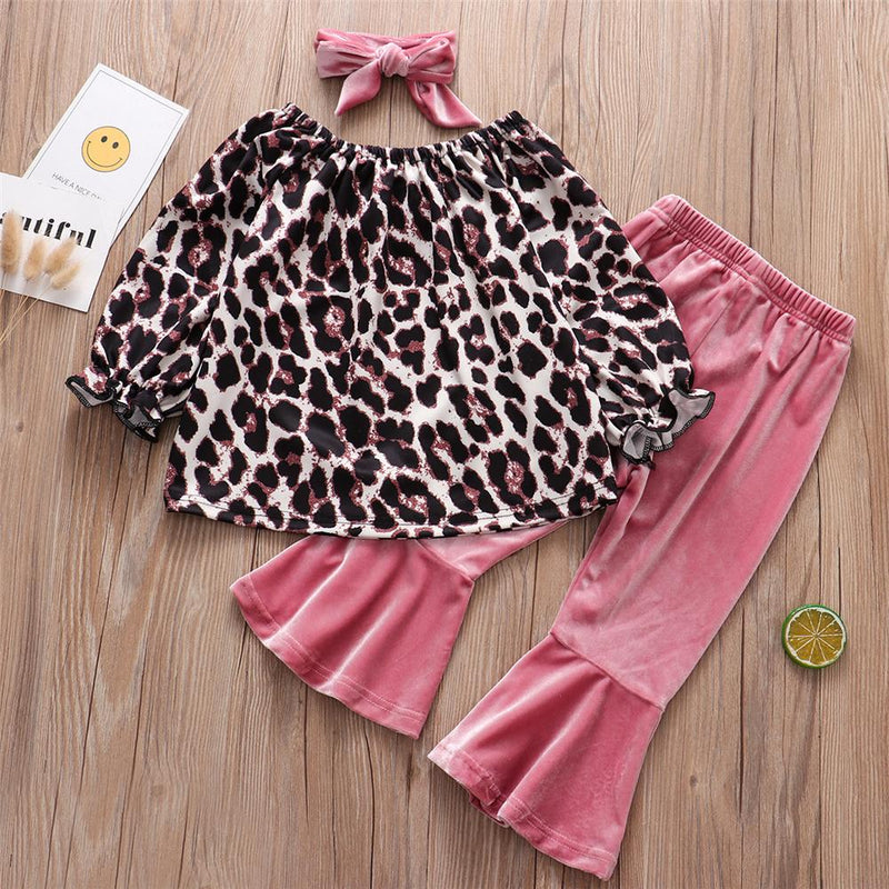 Girls Leopard Long Sleeve Top & Flared Pants & Headband Wholesale Girls Clothing - PrettyKid
