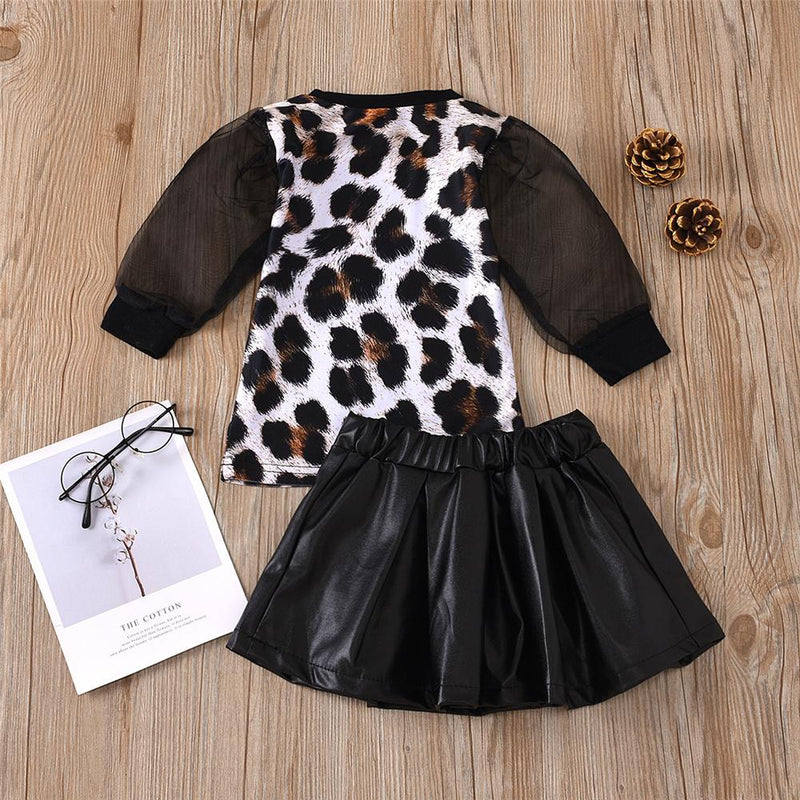Toddler Girls Leopard Long Sleeve Top & PU Skirt Girls Boutique Wholesale - PrettyKid