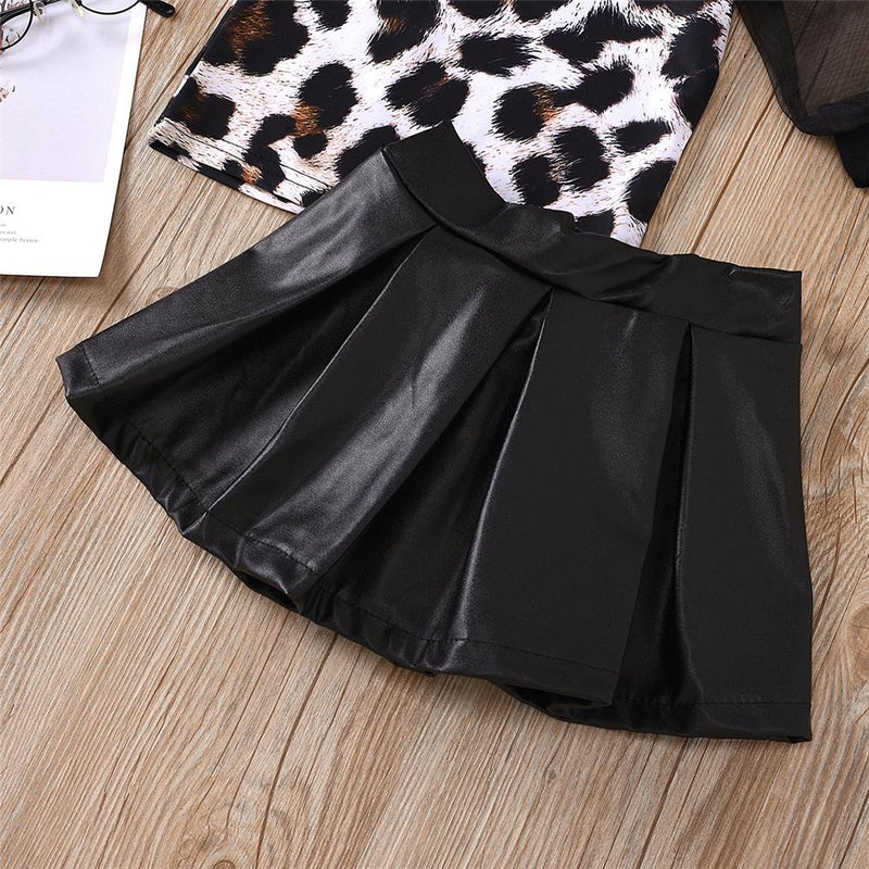 Toddler Girls Leopard Long Sleeve Top & PU Skirt Girls Boutique Wholesale - PrettyKid