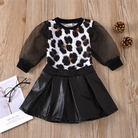 Toddler Girls Leopard Long Sleeve Top & PU Skirt Girls Boutique Wholesale - PrettyKid
