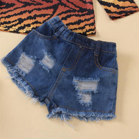 Toddler Girls Leopard Long Sleeve Top & Ripped Denim Shorts Wholesale - PrettyKid