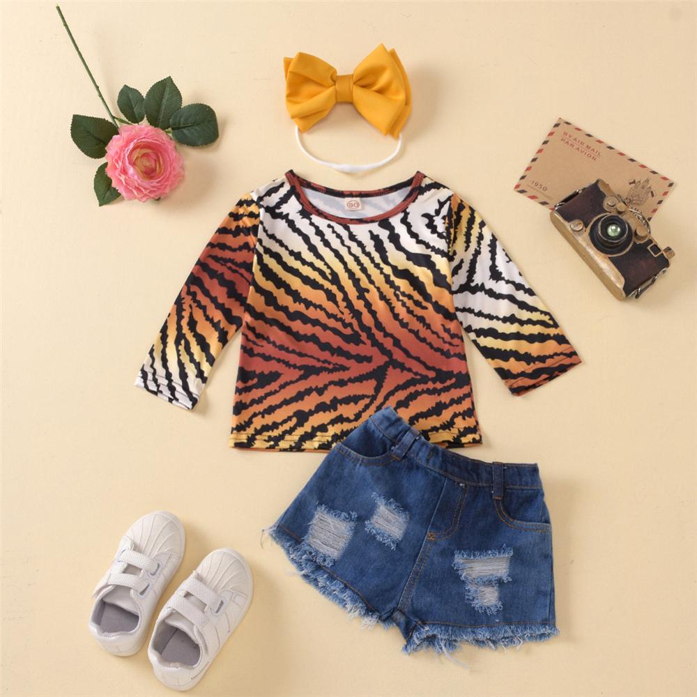 Toddler Girls Leopard Long Sleeve Top & Ripped Denim Shorts Wholesale - PrettyKid