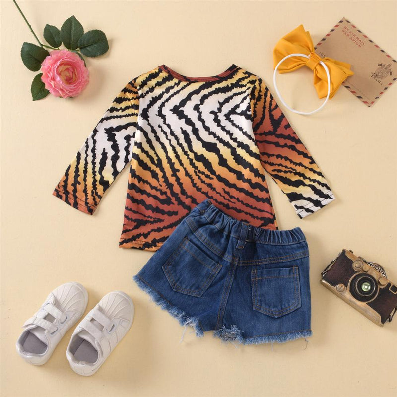 Toddler Girls Leopard Long Sleeve Top & Ripped Denim Shorts Wholesale - PrettyKid