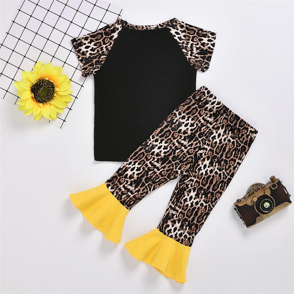 Girls Leopard Love Sunflower Printed Short Sleeve Top & Flared Pants Girls Clothing Wholesalers - PrettyKid