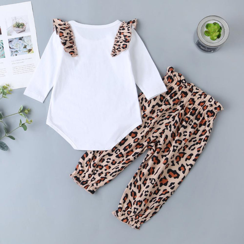 Baby Girls Leopard Pattern Letter Print Romper & Pants - PrettyKid