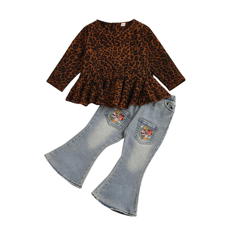 Girls Leopard Pleate Long Sleeve Top & Distressed Jeans Girl Wholesale - PrettyKid