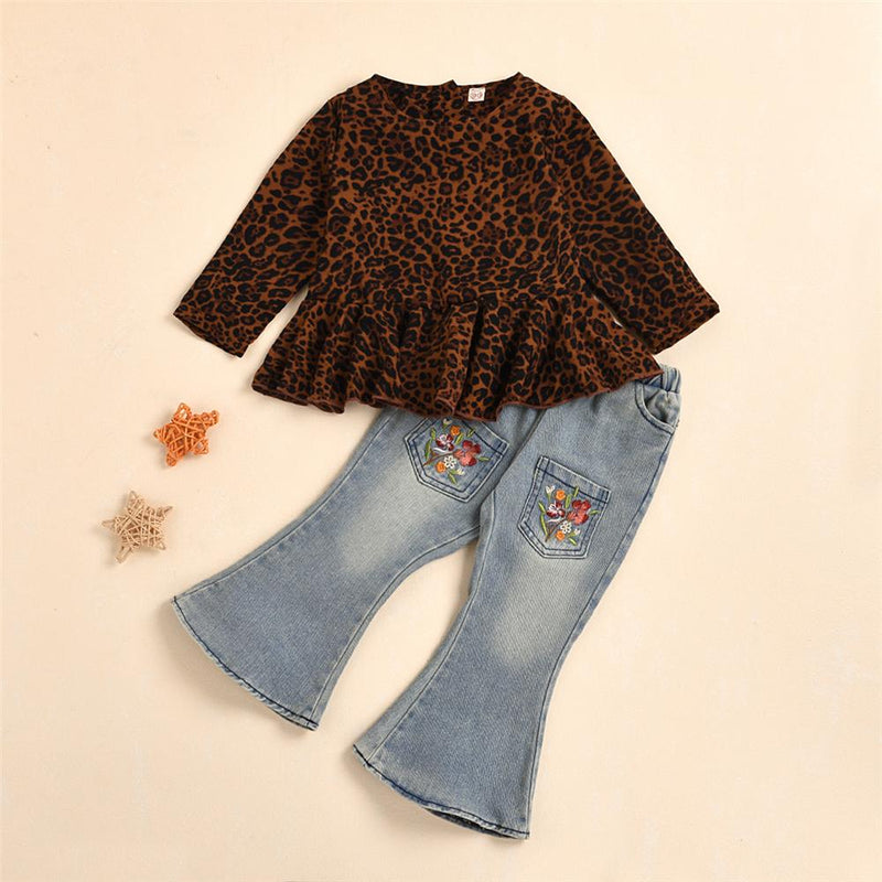 Girls Leopard Pleate Long Sleeve Top & Distressed Jeans Girl Wholesale - PrettyKid