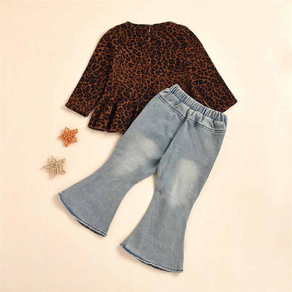 Girls Leopard Pleate Long Sleeve Top & Distressed Jeans Girl Wholesale - PrettyKid