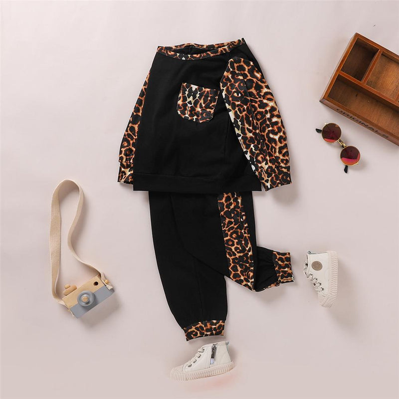 Girls Leopard Print Pockets Long Sleeve Top & Pants Kids Wholesale Clothing - PrettyKid