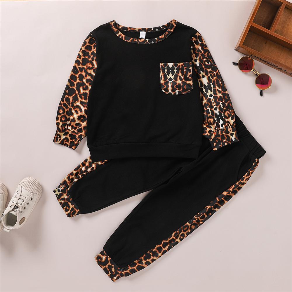 Girls Leopard Print Pockets Long Sleeve Top & Pants Kids Wholesale Clothing - PrettyKid