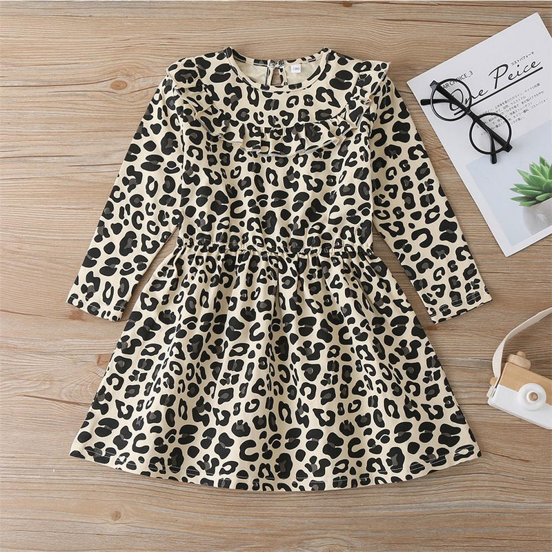 Girls Leopard Printed Long Sleeve Girls Wholesale Dresses - PrettyKid