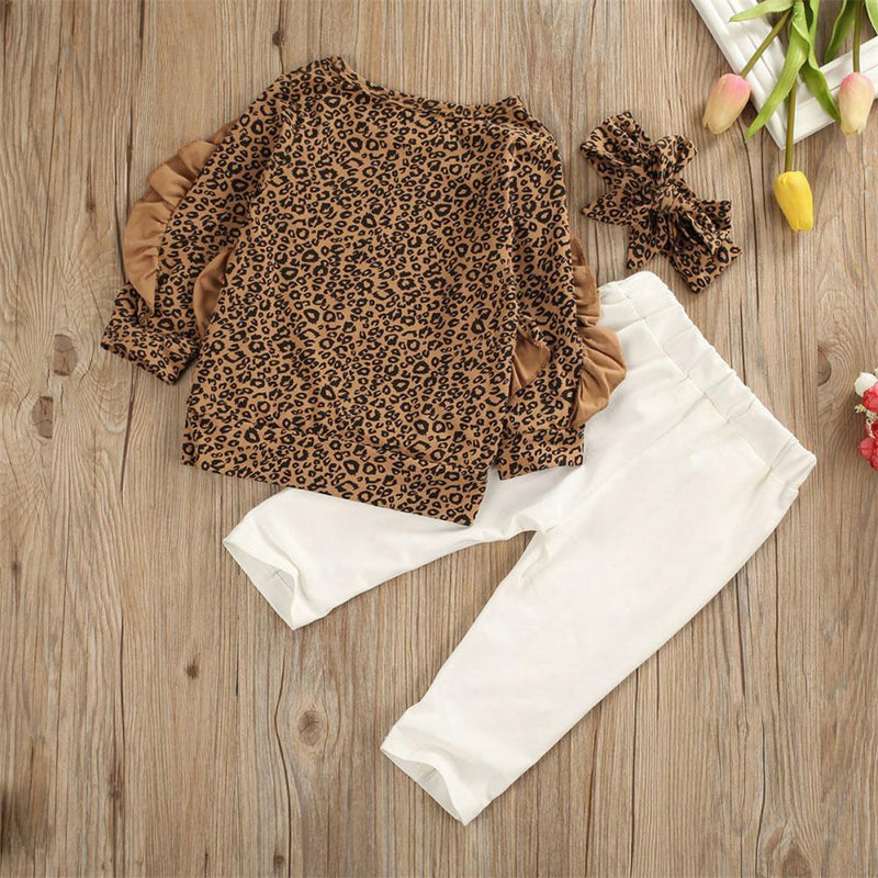 Girls Leopard Printed Long Sleeve Tops & Trousers & Headband - PrettyKid