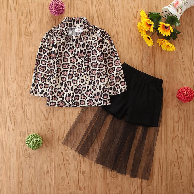 Girls Leopard Printed Long Sleeve Tops & Tulle Skirt Wholesale Toddler Clothes - PrettyKid