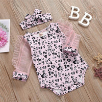 Baby Girls Leopard Printed Mesh Sleeve Romper & Headband Baby Outfits - PrettyKid