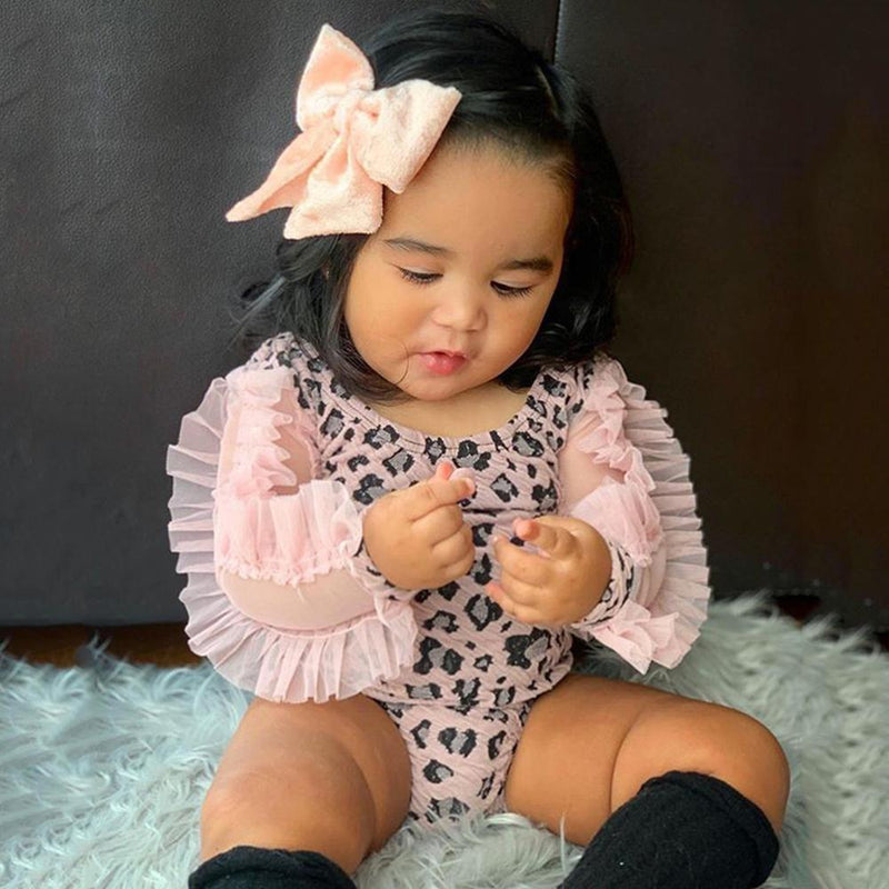 Baby Girls Leopard Printed Mesh Sleeve Romper & Headband Baby Outfits - PrettyKid