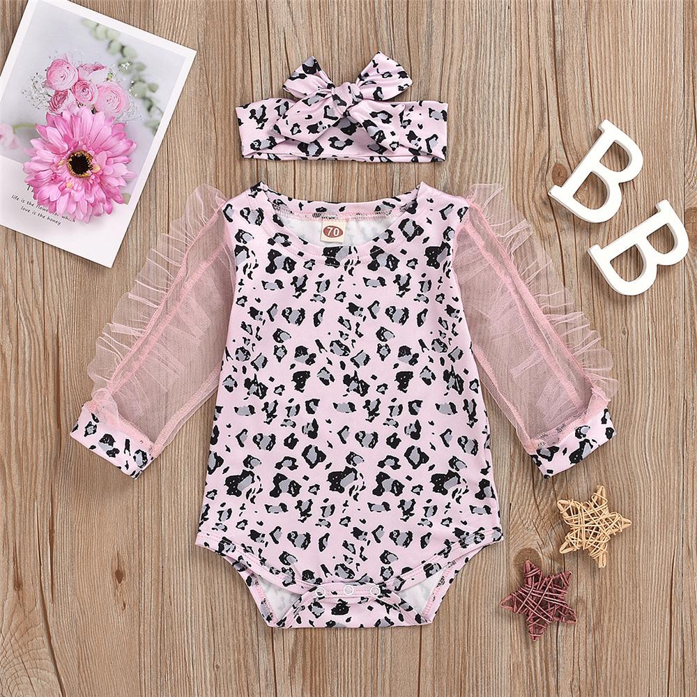 Baby Girls Leopard Printed Mesh Sleeve Romper & Headband Baby Outfits - PrettyKid