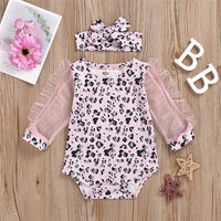 Baby Girls Leopard Printed Mesh Sleeve Romper & Headband Baby Outfits - PrettyKid