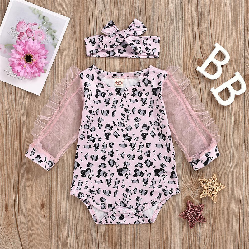 Baby Girls Leopard Printed Mesh Sleeve Romper & Headband Baby Outfits - PrettyKid