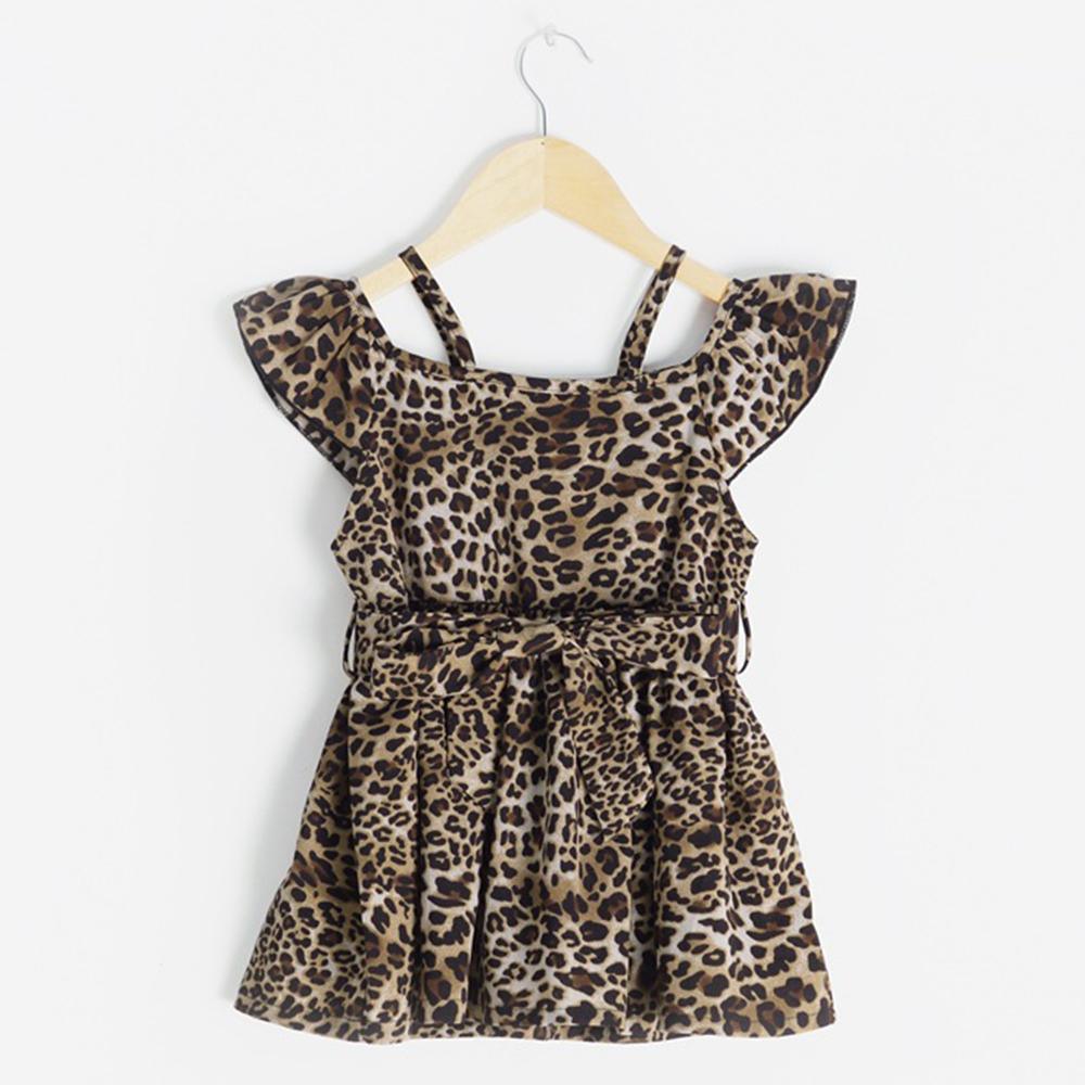 Girls Leopard Printed Off Shoulder Sling Summer Dress Kids Wholesale clothes - PrettyKid