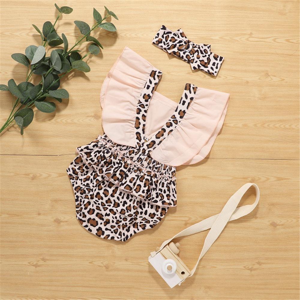 Baby Girls Leopard Printed Ruffled Romper & Headband Baby Boutique Clothing Wholesale - PrettyKid