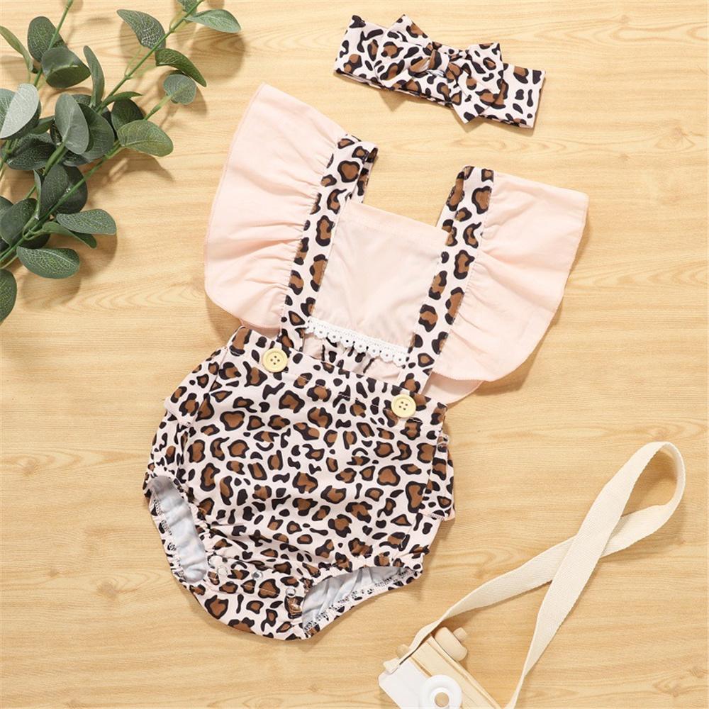Baby Girls Leopard Printed Ruffled Romper & Headband Baby Boutique Clothing Wholesale - PrettyKid