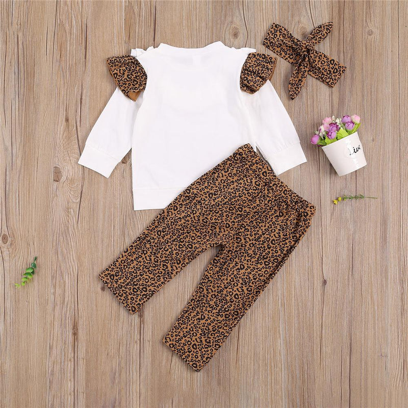 Girls Leopard Printed Ruffled Top & Pants & Headband Girls Wholesale - PrettyKid