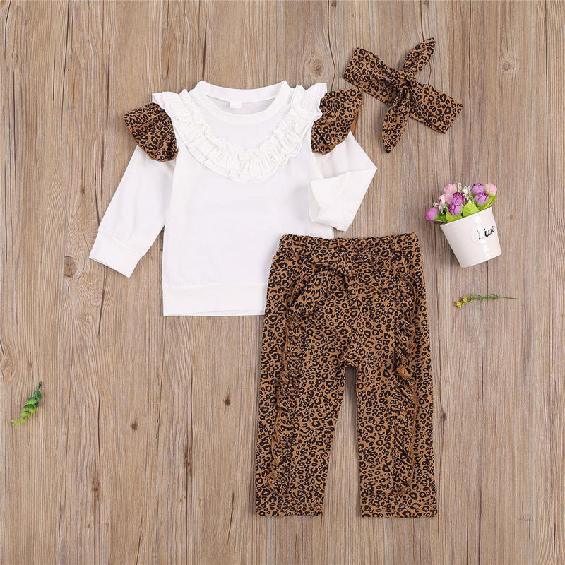 Girls Leopard Printed Ruffled Top & Pants & Headband Girls Wholesale - PrettyKid