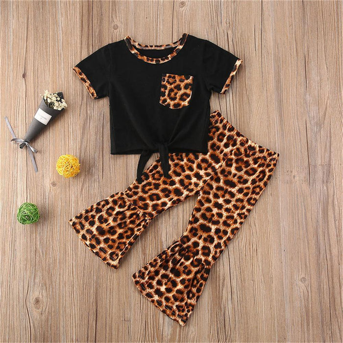 Girls Leopard Printed Short Sleeve Top & Bell Trousers Toddler clothes Wholesale - PrettyKid