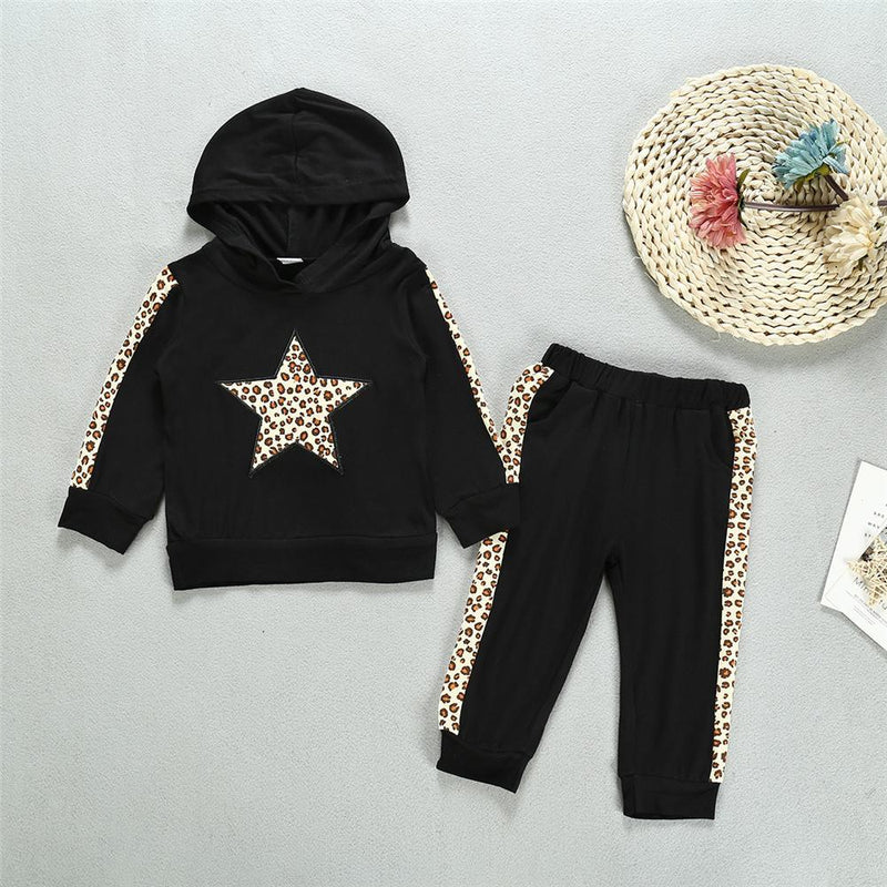 Unisex Leopard Printed Star Long Sleeve Hooded Tops & Pants Wholesale - PrettyKid