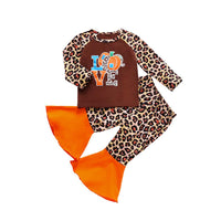 Girls Leopard Pumpkin Long Sleeve Top & Flared Trousers Girls Wholesale - PrettyKid