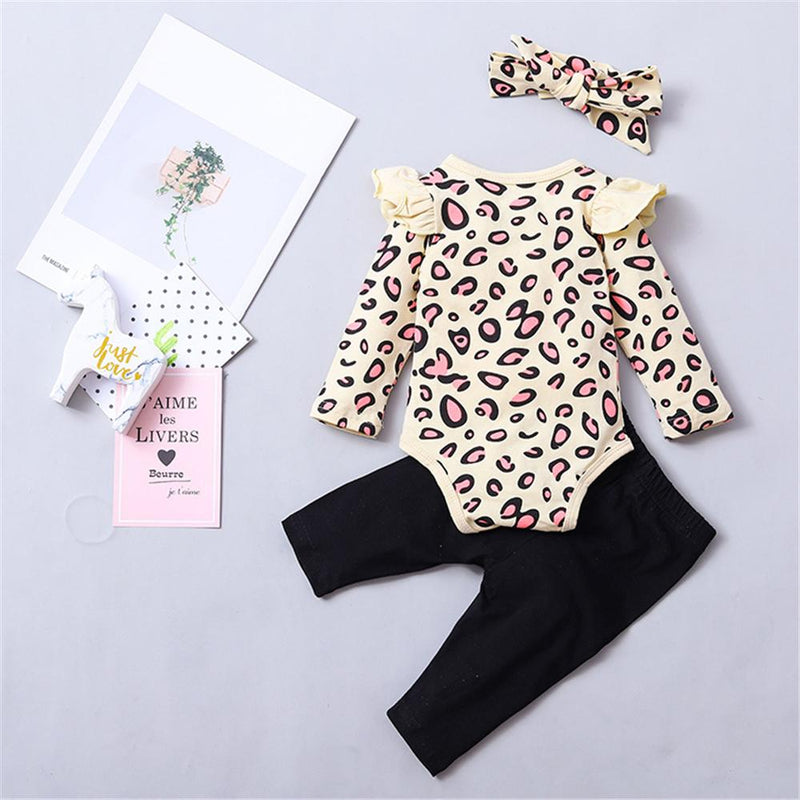 Baby Girls Leopard Ruffle Long Sleeve Romper & Pants Baby Outfits - PrettyKid