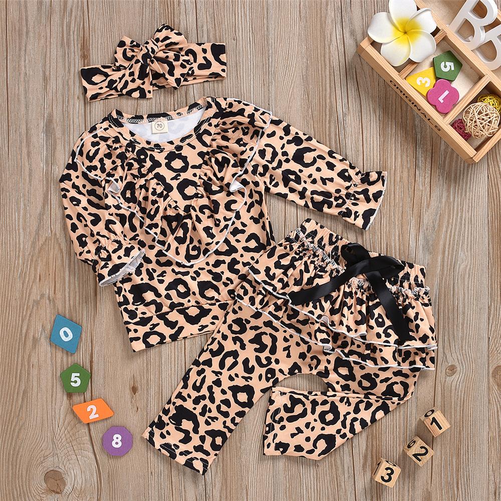 Baby Girls Leopard Ruffle Long Sleeve Top & Pants & Headband Wholesale - PrettyKid