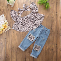 Girls Leopard Short Sleeve Off Shoulder Top & Ripped Jeans & Headband Wholesale Girl Boutique Clothing - PrettyKid
