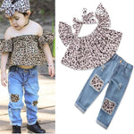 Girls Leopard Short Sleeve Off Shoulder Top & Ripped Jeans & Headband Wholesale Girl Boutique Clothing - PrettyKid